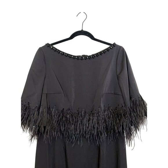 Mac Duggal Black Feather Beaded Short Sleeve Formal Gown Maxi Dress NWT Sz 10 - Picture 5 of 9